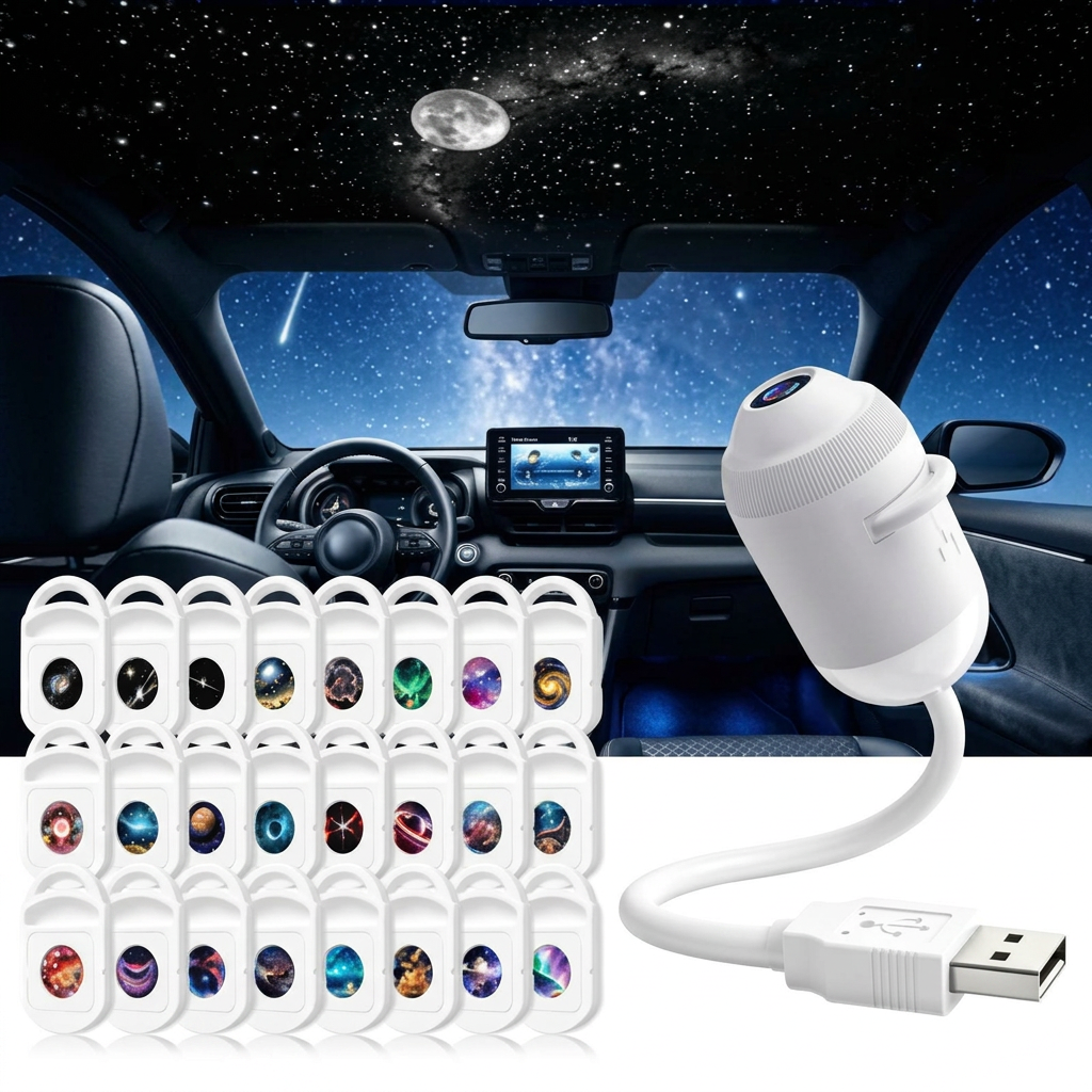 Halora Nova gooseneck USB projector with the full 24-card film library, projecting stars across a car ceiling