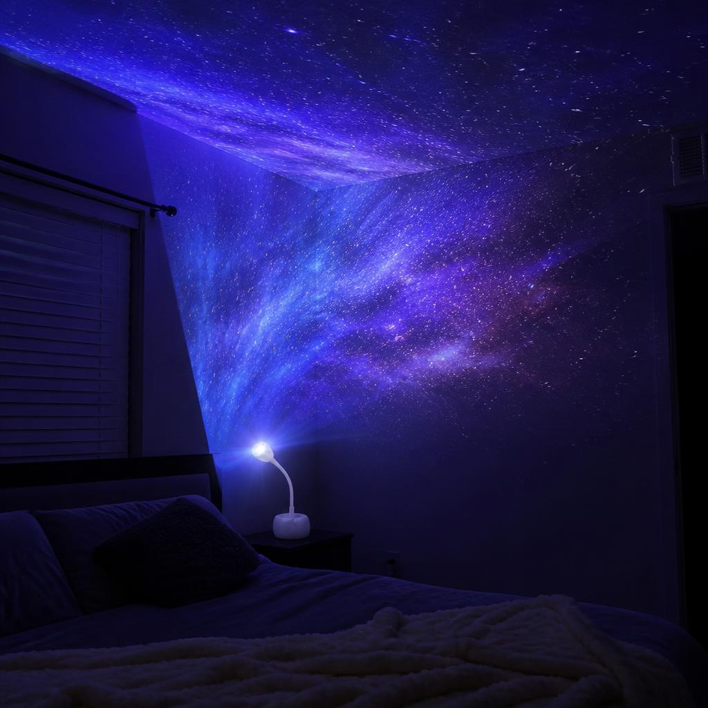 Bedroom ceiling covered in projected stars and blue nebula clouds