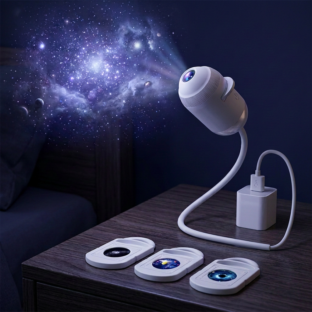 Halora Nova 5D Star Projector glowing on a bedside table with stars projected across the wall